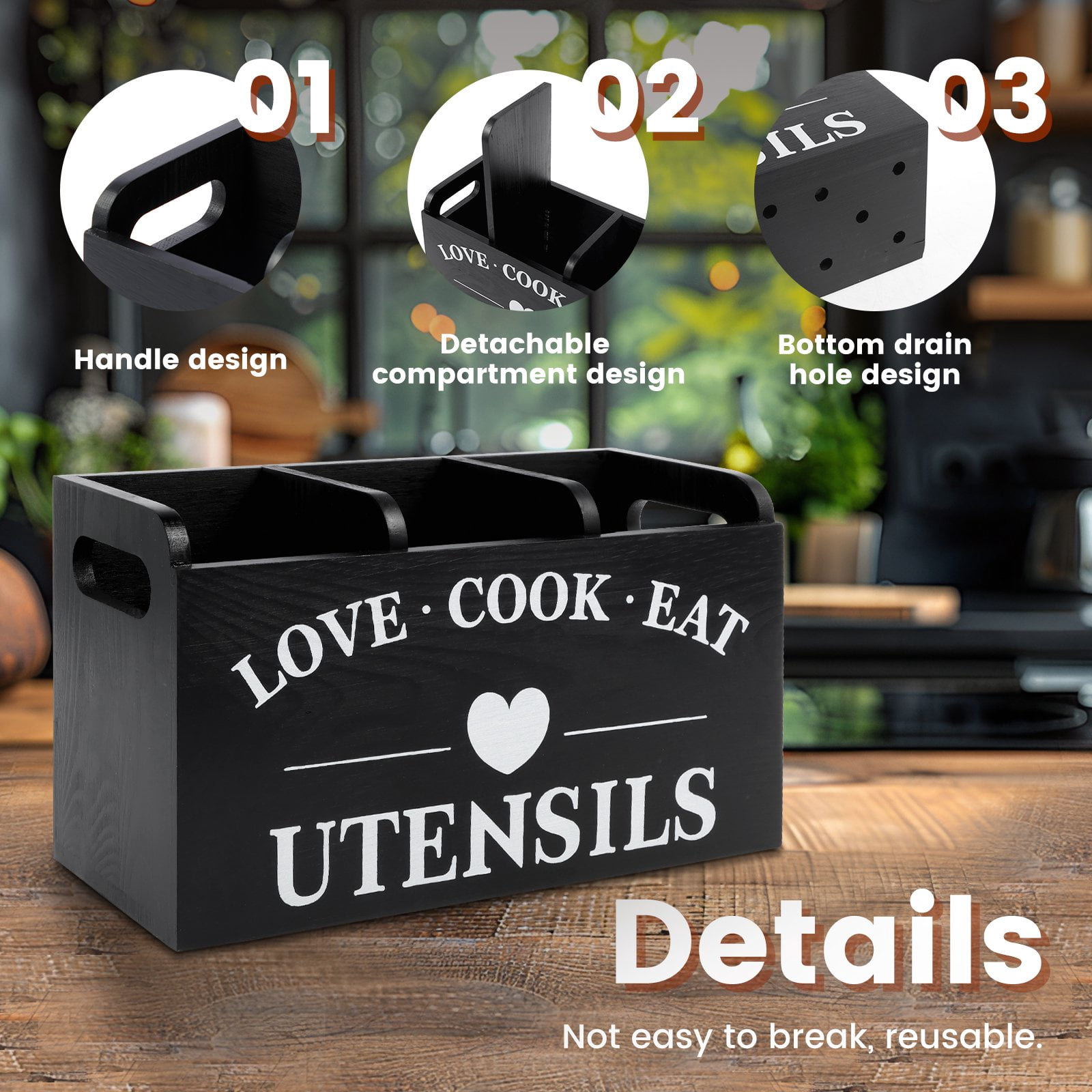 Wooden Utensil Holder for Kitchen Counter, Cooking Utensil Organizer with 3 Compartments, Adjustable Dividers Utensil Crock for Silverware Spoon Spatula