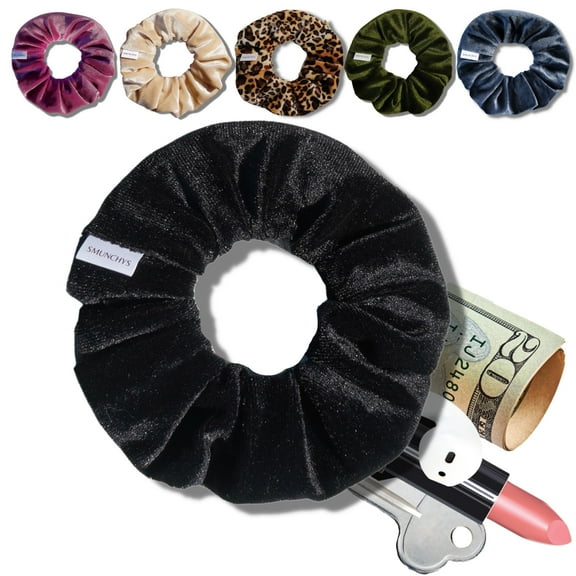 Smunchys Velvet Hair Scrunchie with Hidden Zipper Pocket Storage, Ponytail Holder Hair Tie, Black