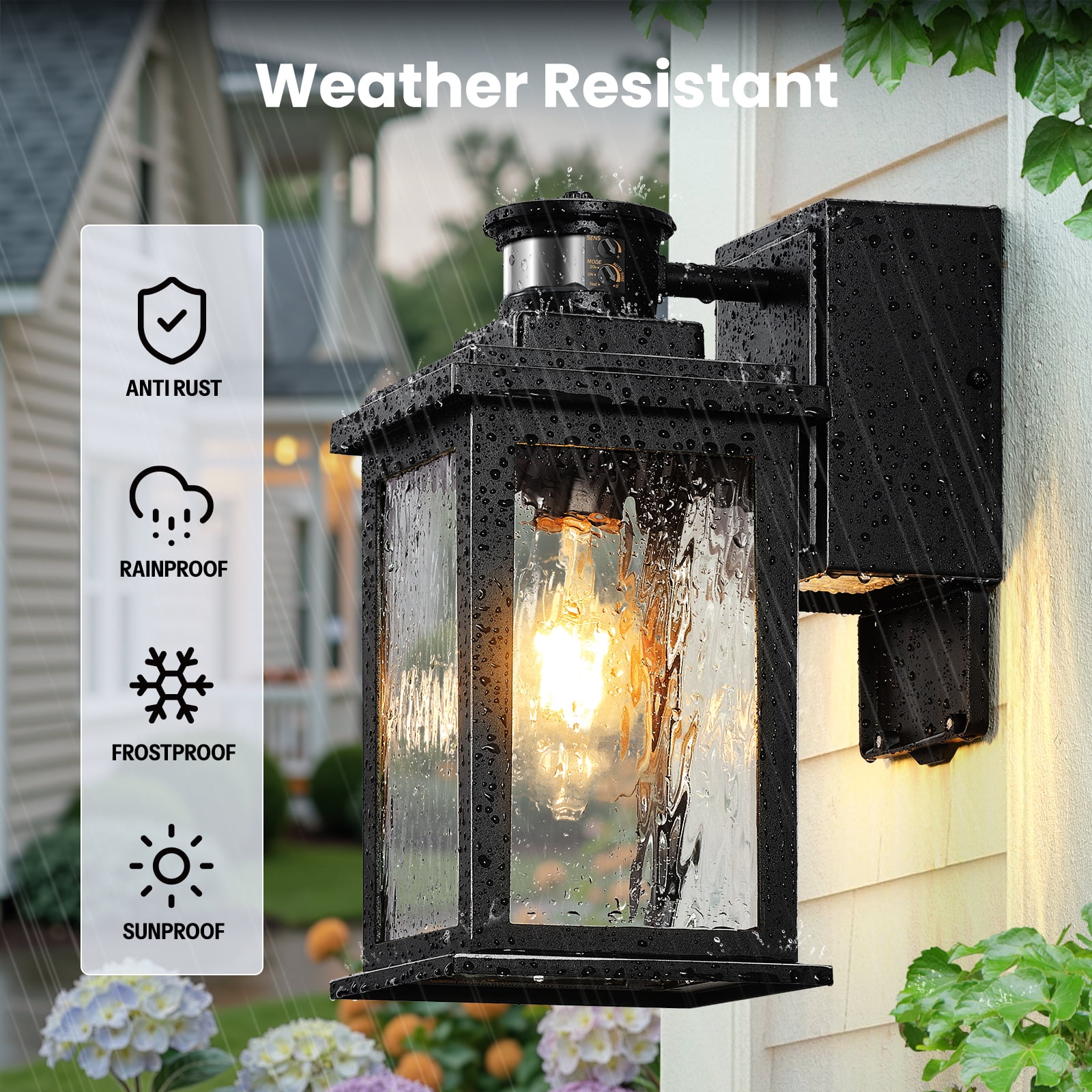 Gleamz Motion Sensor Outdoor Lights with GFCI Outlet, Dusk to Dawn Outdoor Lighting with Tempered Glass, Waterproof Anti-Rust Aluminum Outside Lights for House