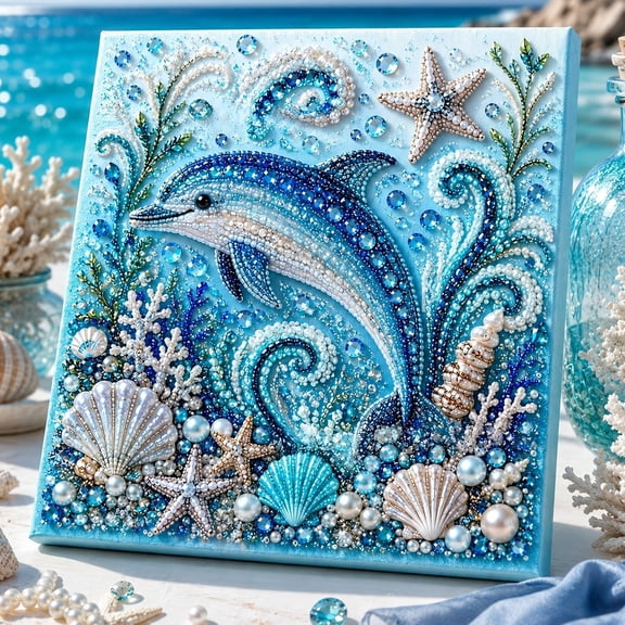 Ocean Theme Pearl Art DIY Kit, DIY Pearl Painting Kit, Ocean Diamond Art for Adults & Beginners, Sparkling Coastal Wall Decor,Dolphin
