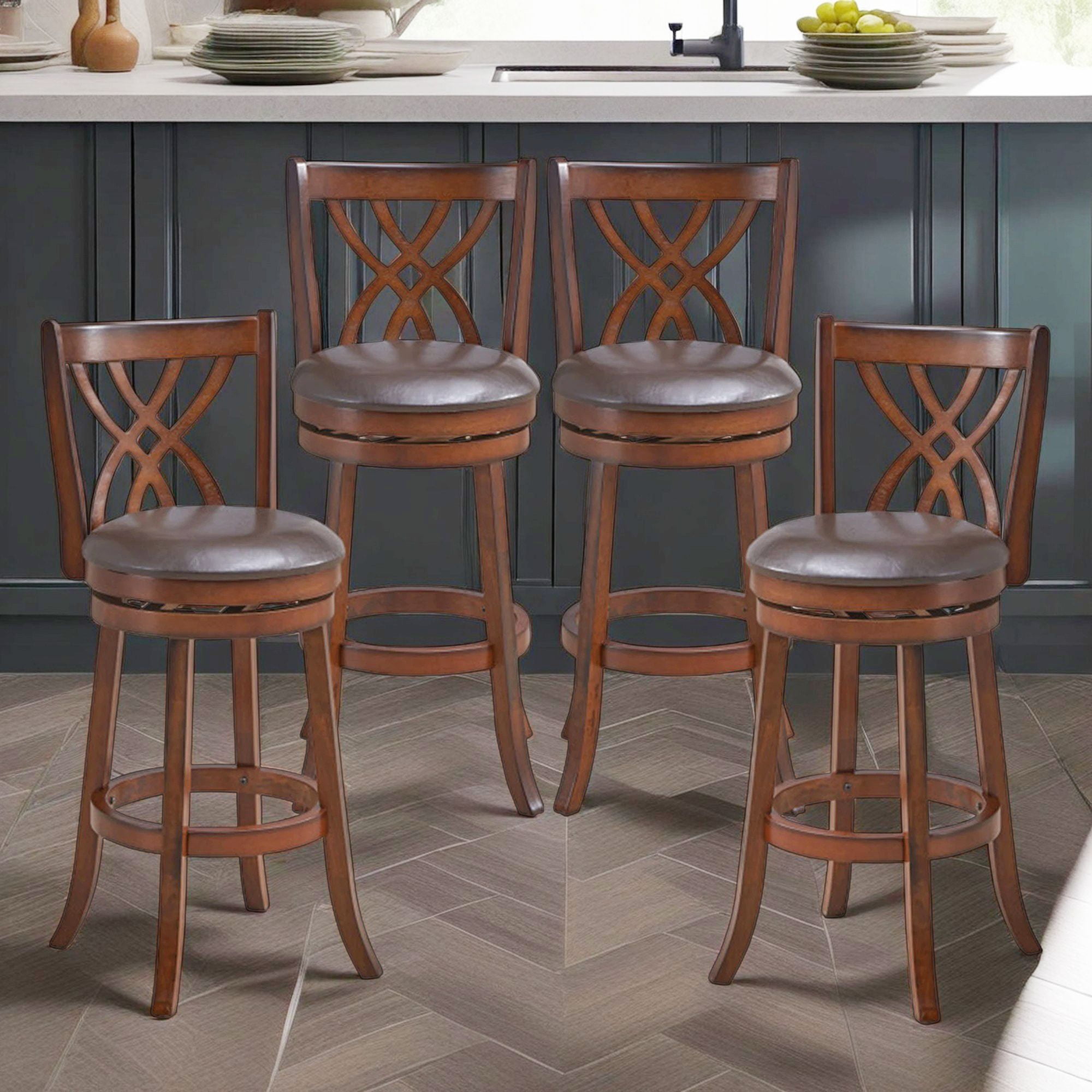 Demi Bonn 360° Swivel Counter Height Bar Stools with PU Leather Cushioned Seat and Footrests, 30" Modern Dining Chair with Backrests, Brown