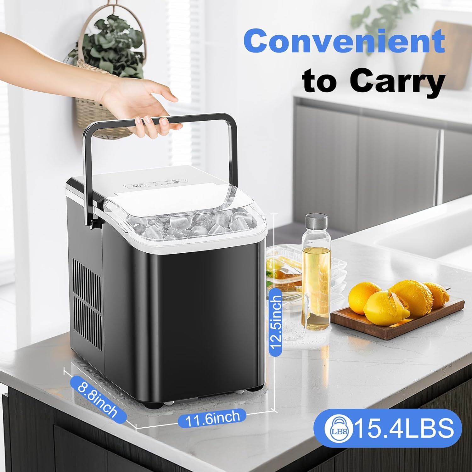 Ice Makers Countertop with Handle, Portable Ice Machine, 9 Bullet Cubes in 6 Mins, 26lbs in 24Hrs, Auto-Cleaning, with Basket and Scoop, for Home, Kitchen, RV, Camping, Black