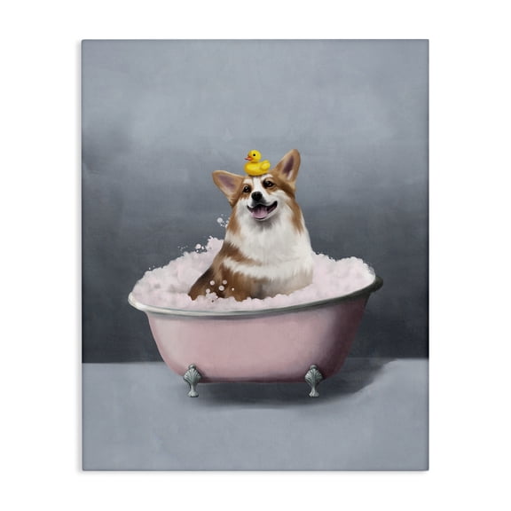 Stupell Industries Corgi in Pink Bath Bath & Laundry Painting Wrapped Canvas Art Print Wall Art, 16 x 20
