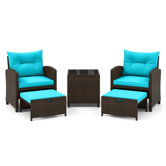 Gymax Set of 5 Patio Rattan Furniture w/ 2 Wicker Ottomans & Tempered Glass Coffee Table Turquoise