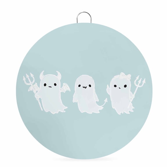 Welcome Sign for Front Door, Turquoise Halloween Round Metal Wall Art Wreaths, Funny Ghost Cute Cartoon Spooky Outdoor Indoor Wall Hanging Sign for Porch Decor Housewarming Gifts 5.9 Inch