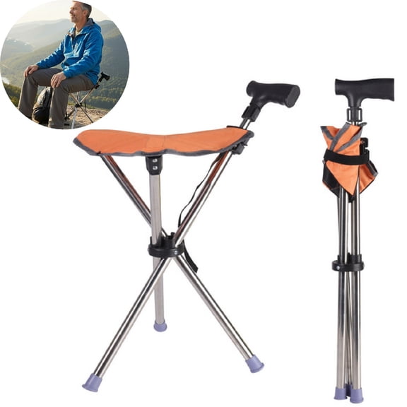 JOVELL Folding Walking Stick with Seat, Heavy Duty 330lbs Capacity Adjustable Cane Stool, Aluminum Cane Chair for Adult Travel Camping Hiking, Orange