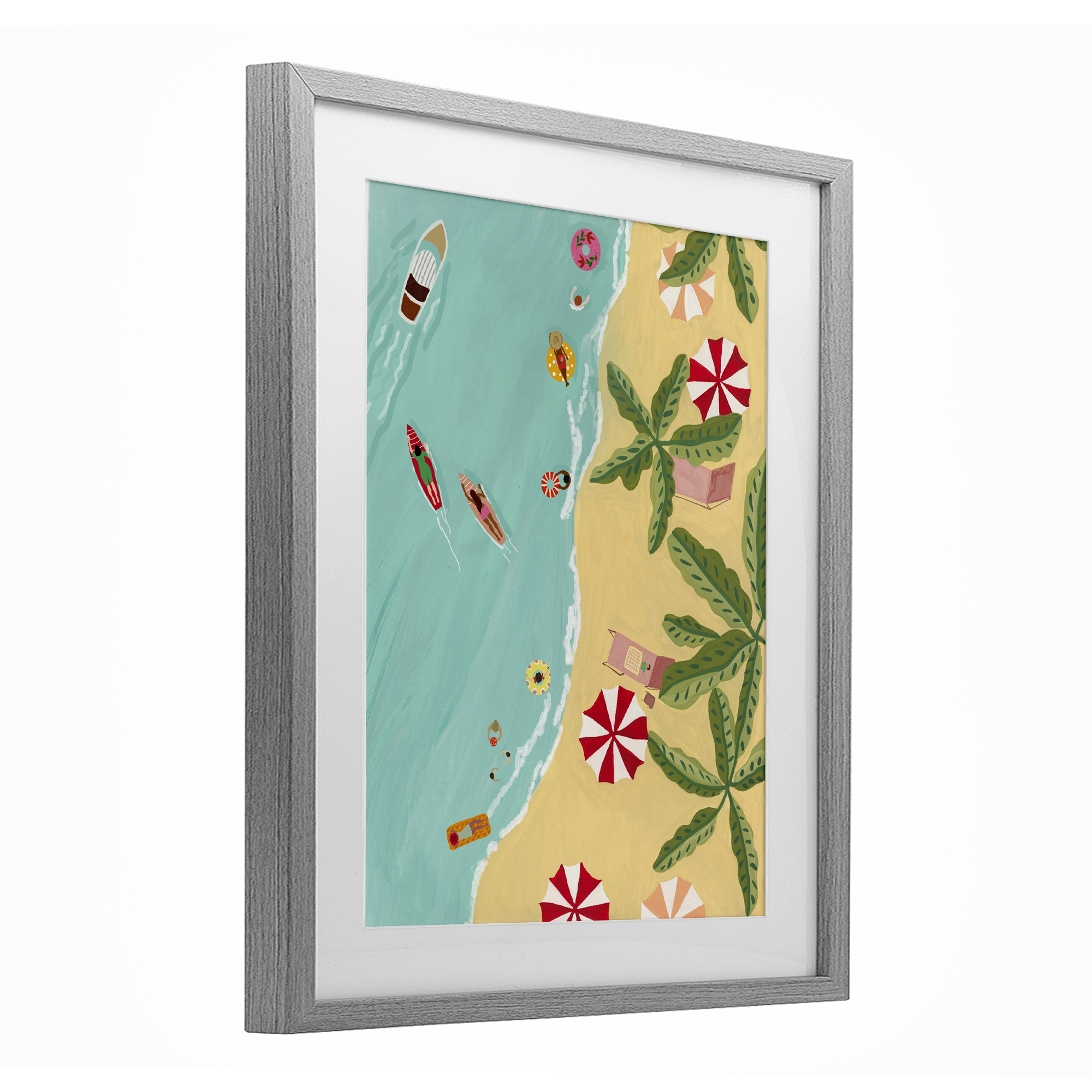 Busy Beach Day Hangout Gray Framed Print Under Glass, design by Nabeela Rumi
