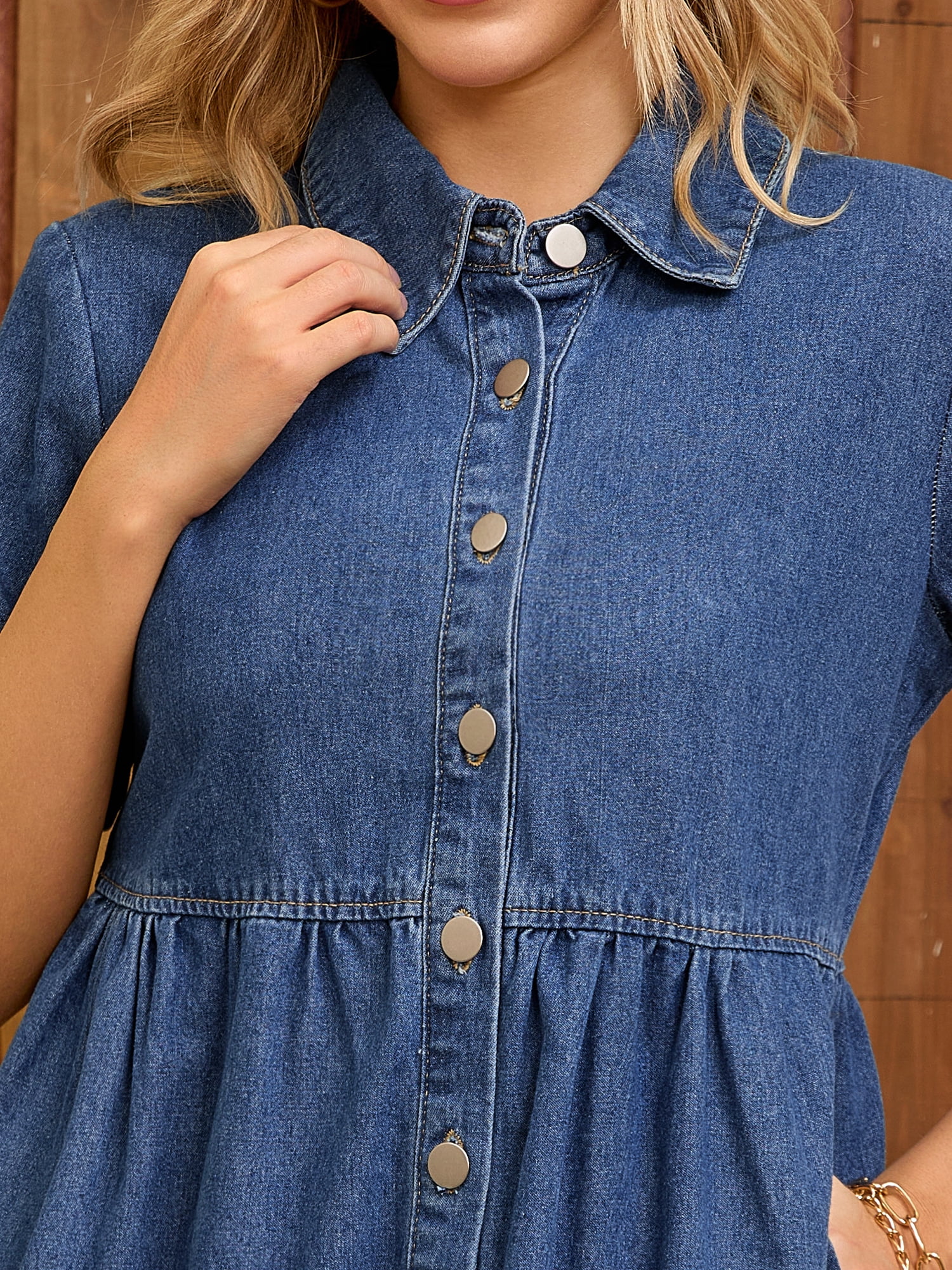DARING DIVA Women's Denim Babydoll Collared Short Sleeve Button Down Dress M Blue