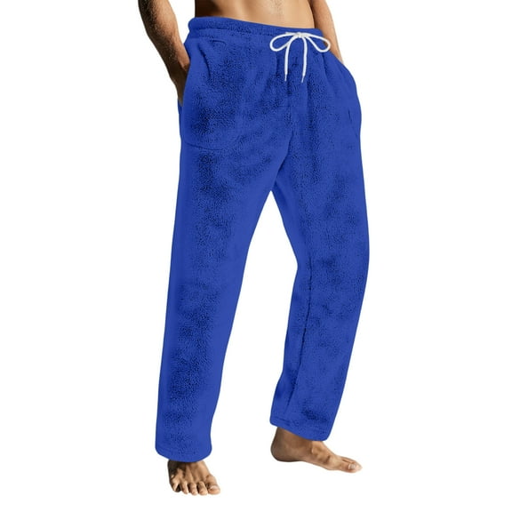 Dresfit Flannel Pajama Pants Mens Winter Fuzzy Pajamas Fleece Lined Pant Fluffy Comfort Plush Solid Color Bottoms Warm Lounge Drawstring Sleepwear with Pockets Royal Blue M