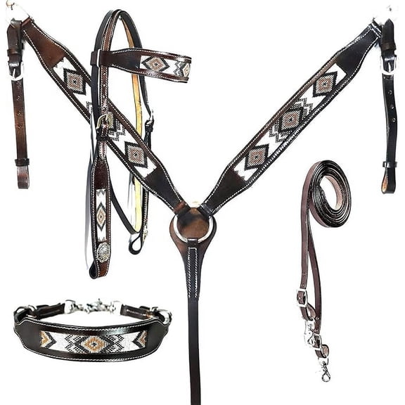 MARTIN ENTERPRISES Western Premium Leather Equestrian Trail Hand Carved Tooled Beaded Headstall, Breast Collar, Reins & Wither Straps Size Full