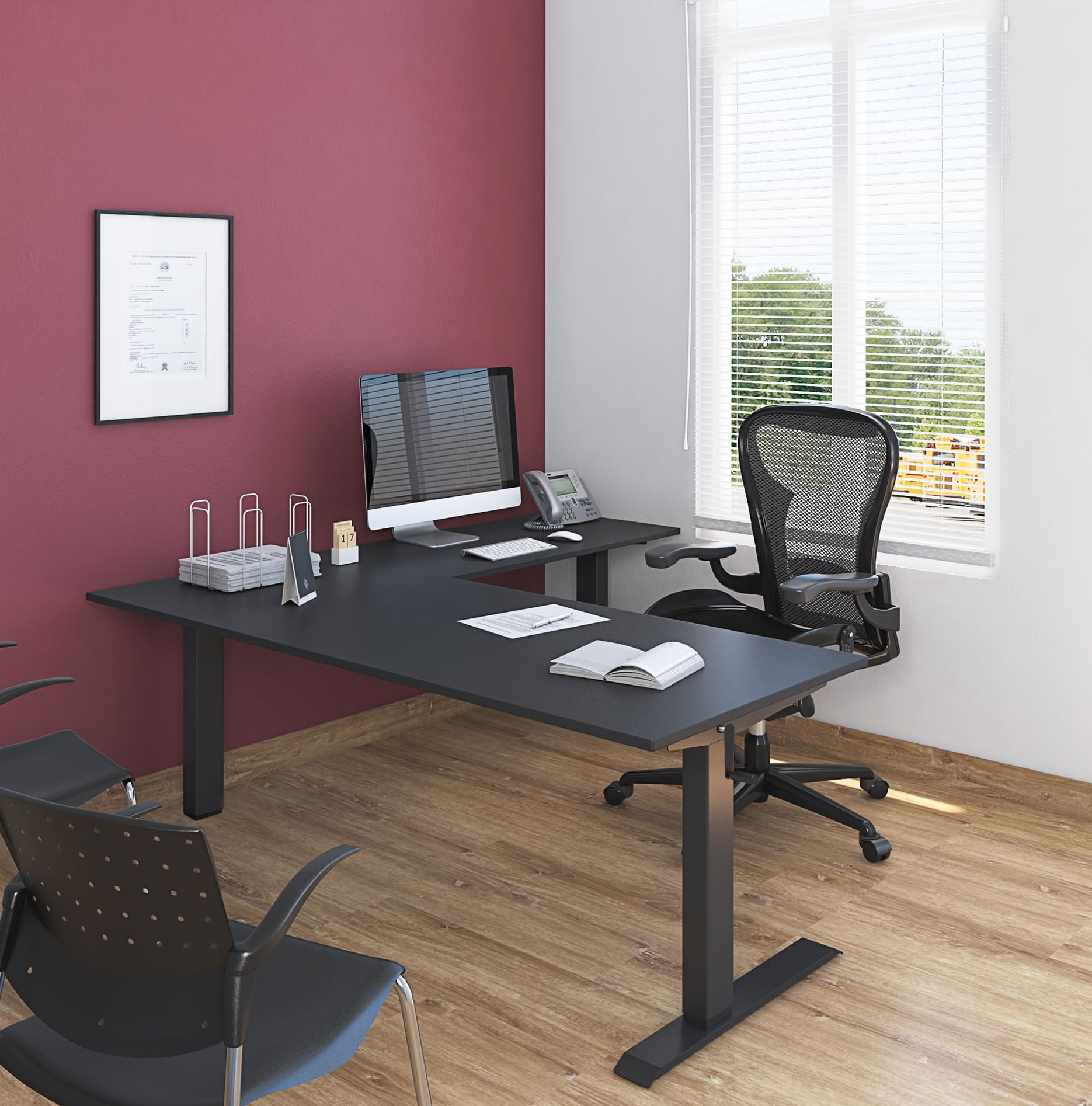 Stand Up Desk Store Crank Adjustable Height L-Shaped Standing Desk with Steel Frame  (Black Frame/Black Top, 72" Wide)