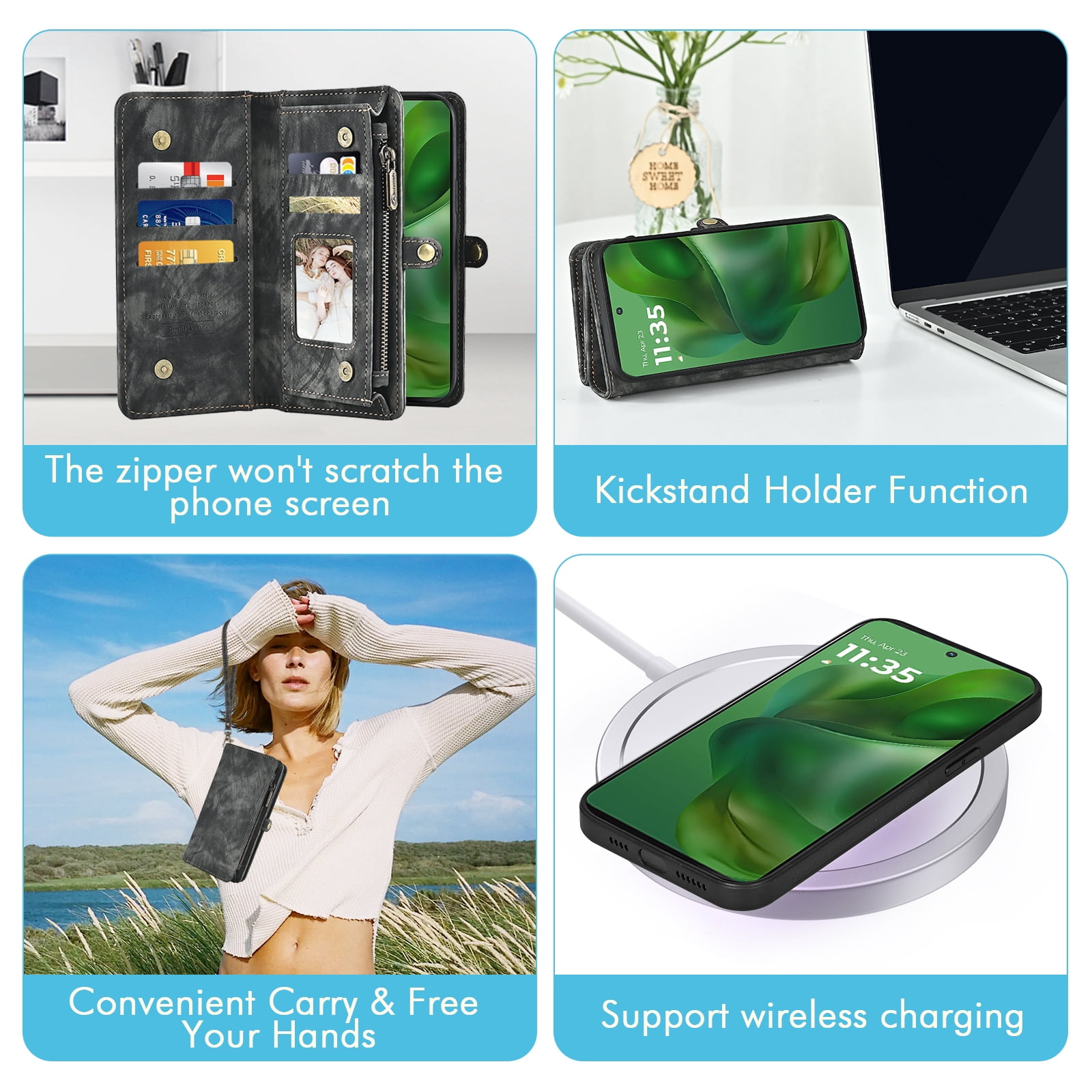 Asuwish Phone Case for Motorola Moto G Power 5G 2025 Zipper Wallet Detachable Cell Cover with Tempered Glass Screen Protector Crossbody Lanyard Strap Flip Card Holder Slot XT2515-1 Women Girls Black