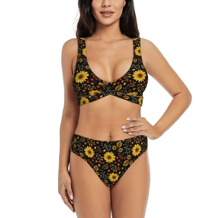 Zeuib Sunflowers Leaves High Waisted Tummy Control Bikini Set - Knot Front Push Up Top & Cheeky Thong Bottom  Two-Piece Swimsuit for Women-Large