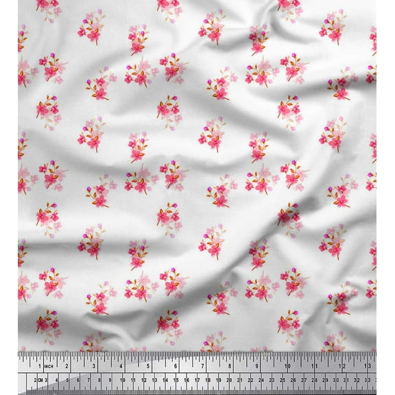 Soimoi White Silk Fabric Leaves & Periwinkle Floral Print Sewing Fabric Yard 42 Inch Wide