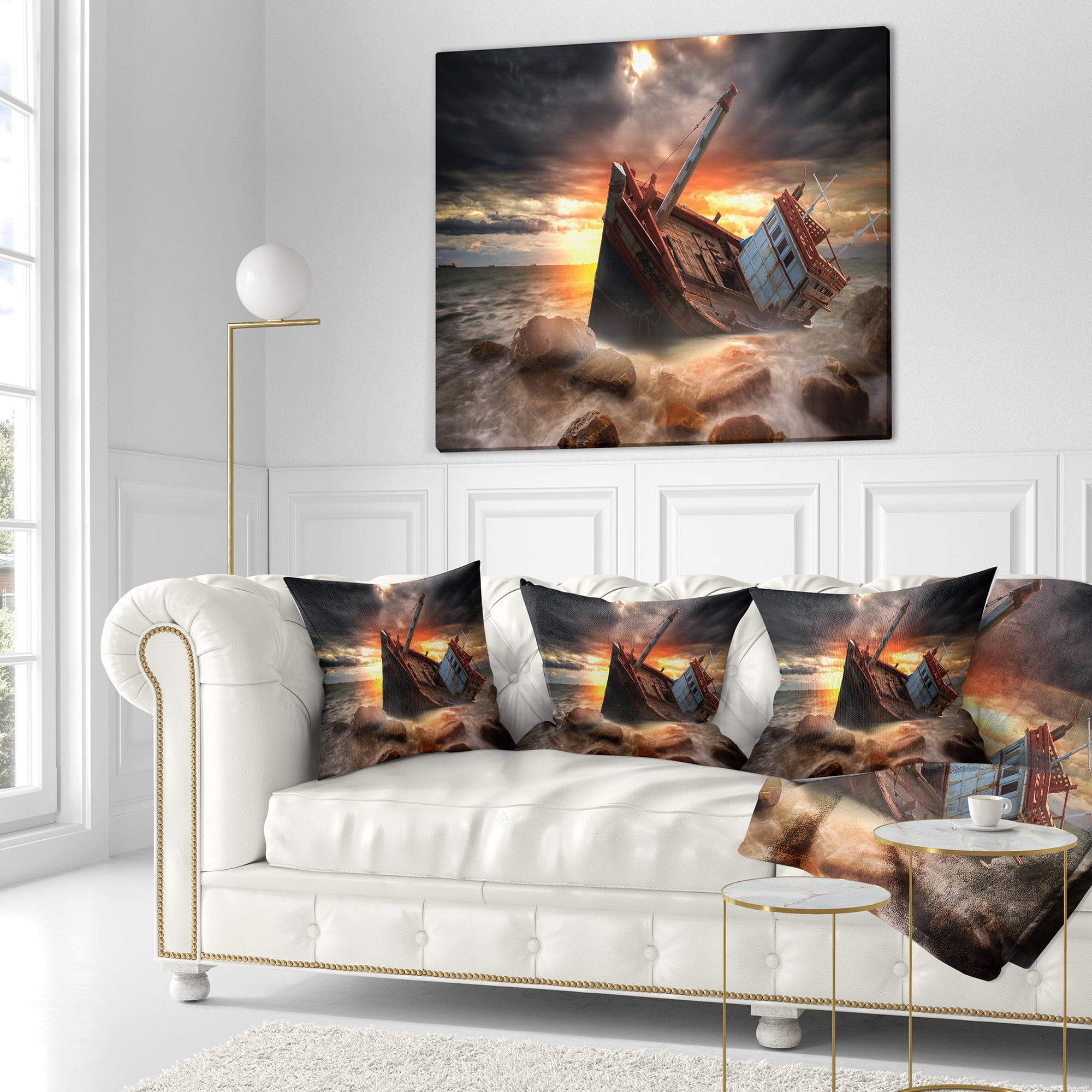 Designart Fishing Boat Beached - Landscape Photography Throw Pillow - 18x18