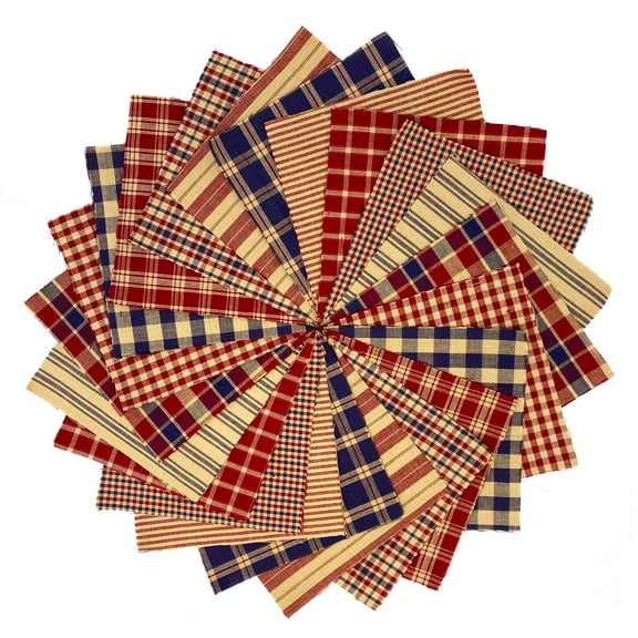 JCS 5" American Heritage Plaid Homespun Precut Fabric Quilt Squares Charm Pack, Red Blue 40 Pieces