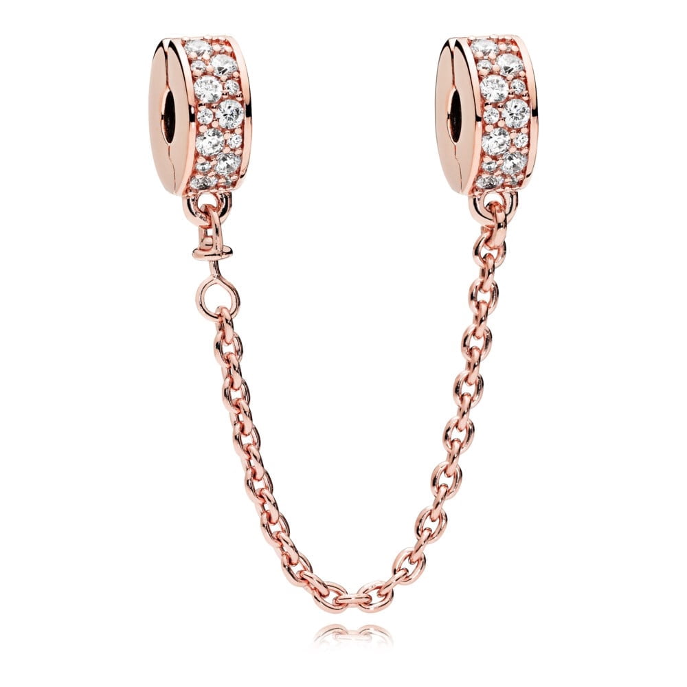 Safety chain in Rose w/56 bead-set clear CZ and silicone grip Charm 50 mm 786322CZ-05