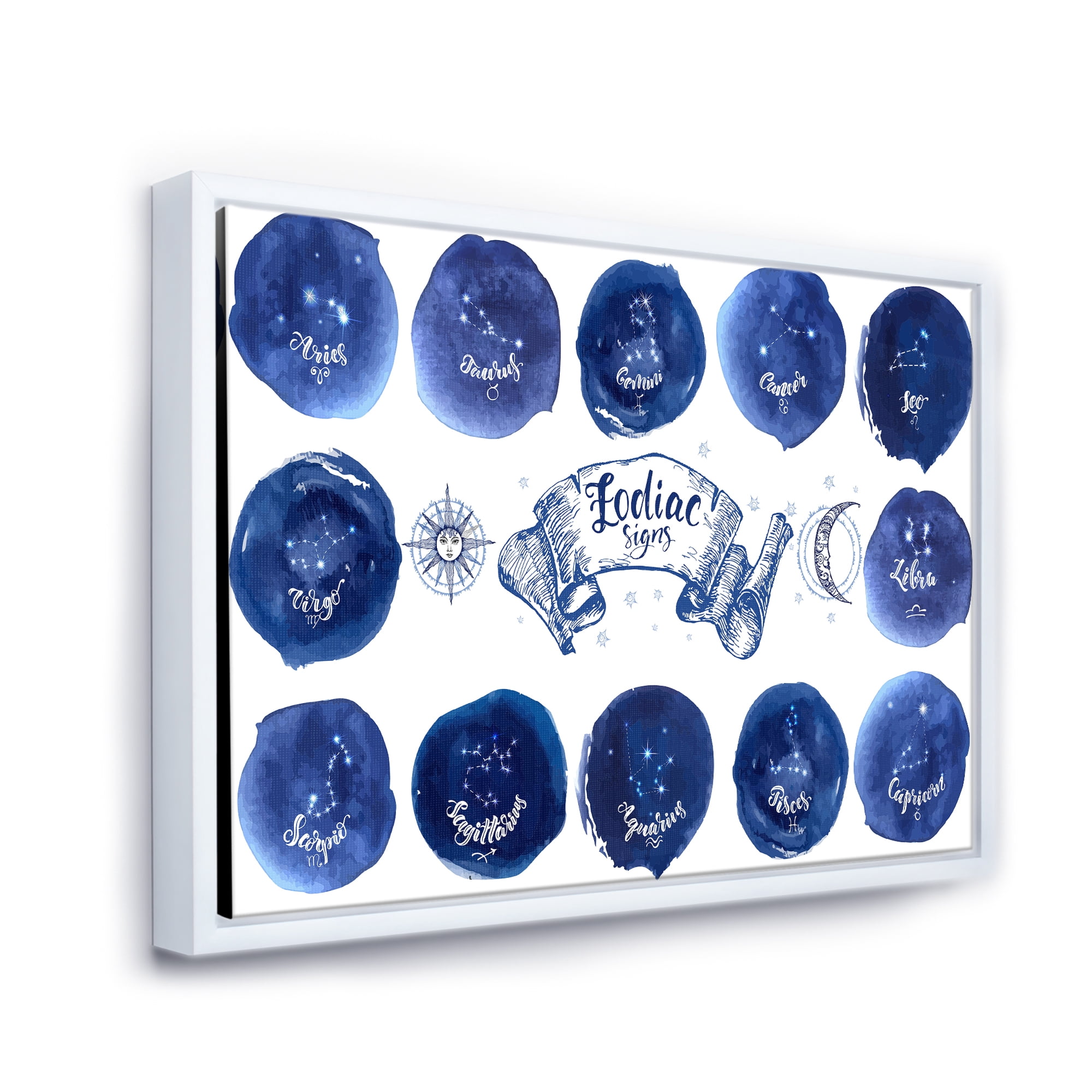 Designart 'Collection of Astrology Signs On Blue Circles' Modern Framed Canvas Wall Art Print