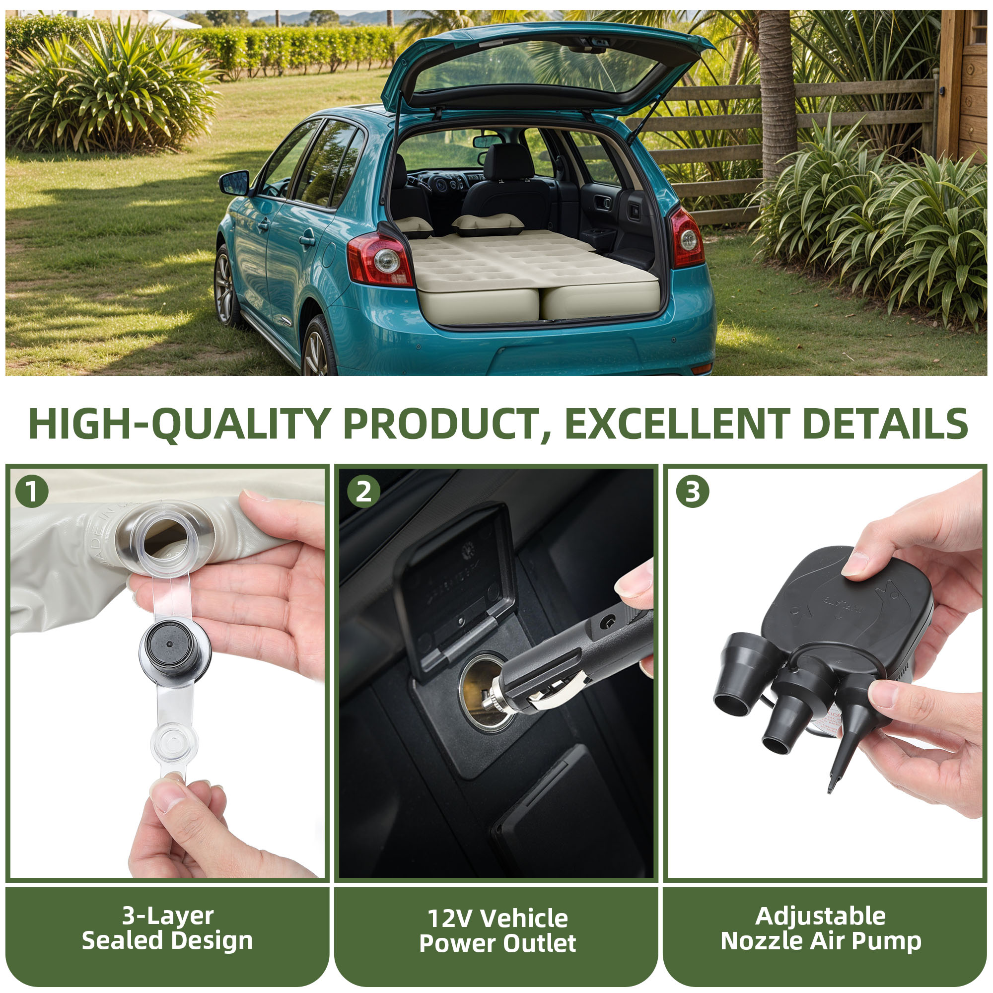 Uforic Inflatable Car Air Mattress with Pump, Portable SUV Air Bed with Pillows for Camping, Home, Travel, Gray
