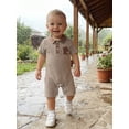 thumbnail image 3 of BemeyourBBs Western Baby Boy Summer Clothes Newborn Baby Boy Cowboy Outfit Waffle Knit Striped Romper Casual Sailboat Cowgirl Hat Boots Embroidered Button Short Sleeve Infant Jumpsuit, 3 of 9
