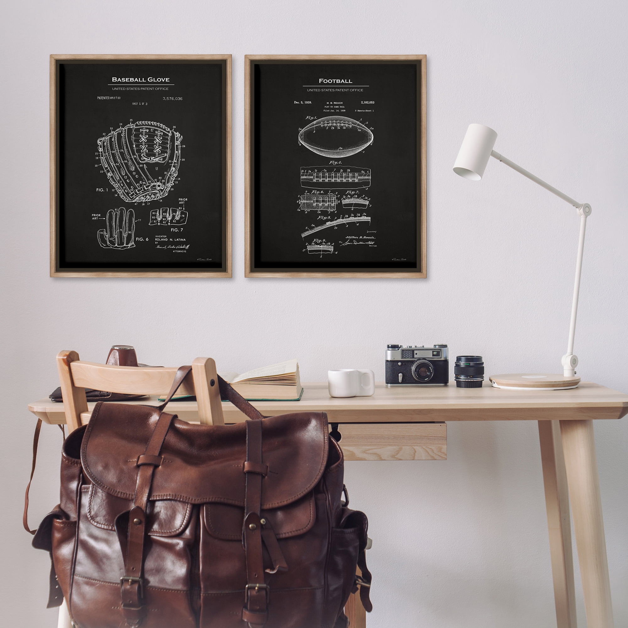 Stupell Industries Football Baseball Glove Patent Education Painting Brown Floater Framed Canvas Art Print Wall Art, 31 x 25, Set of 2