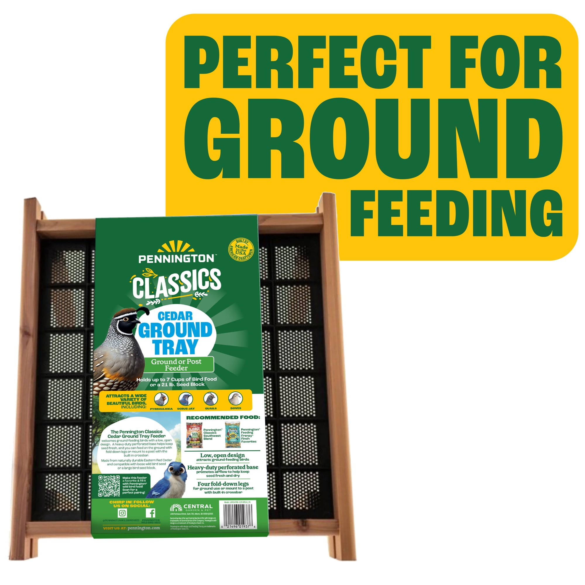 Pennington Red Cedar Wild Bird Ground Feeder, 12" Square, with Legs, Wild Bird Feeders