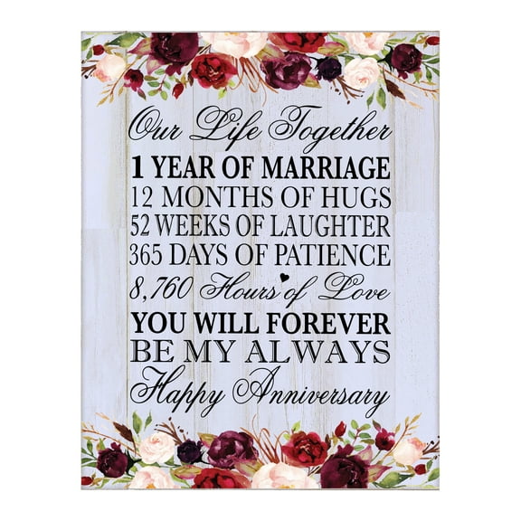 LifeSong Milestones 12x15 1st Anniversary Wall Plaque 1 Year of Marriage Floral Border (White Distressed)