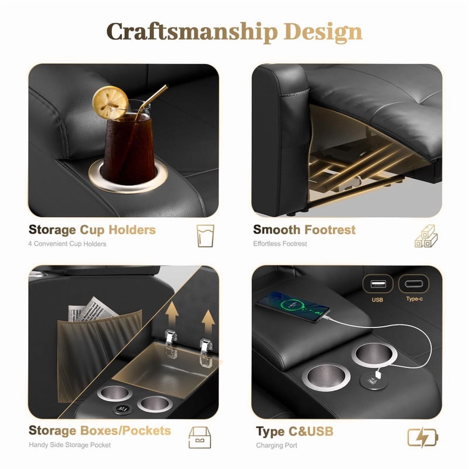 LOBERFVE Recliner Sofa Sets, Massage Reclining Loveseat Sofa, 2 Single Power Recliner Chairs Heat Massage, RV Love Seat Couch with Console, USB, Type C Port for Living Room