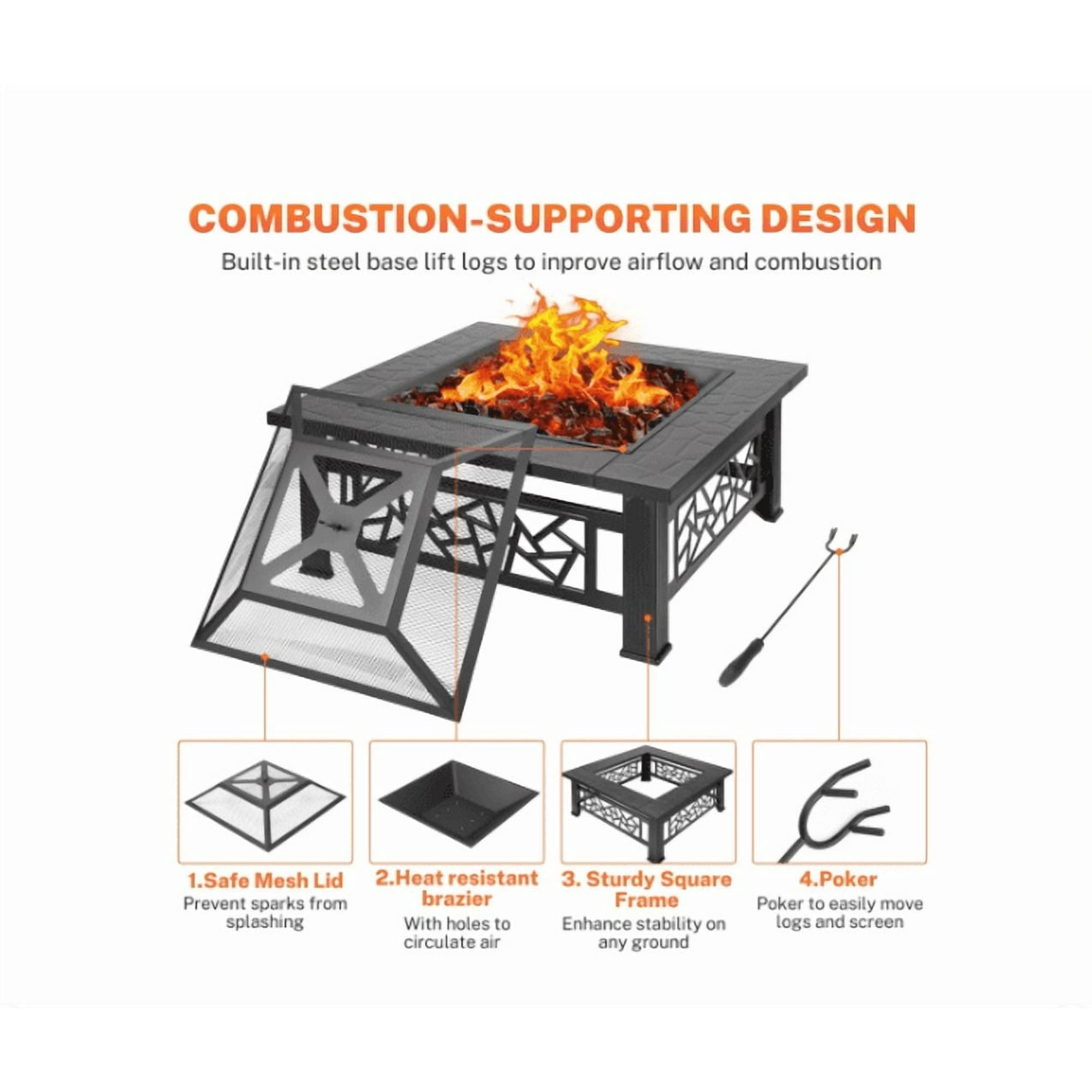 Sesslife Fire Pits for Outside, 32 Inch Square Wood Burning Fire Pit Table with Spark Screen and Fire Poker,Multifunctional Fire Pit Table for Patio,Backyard,Garden
