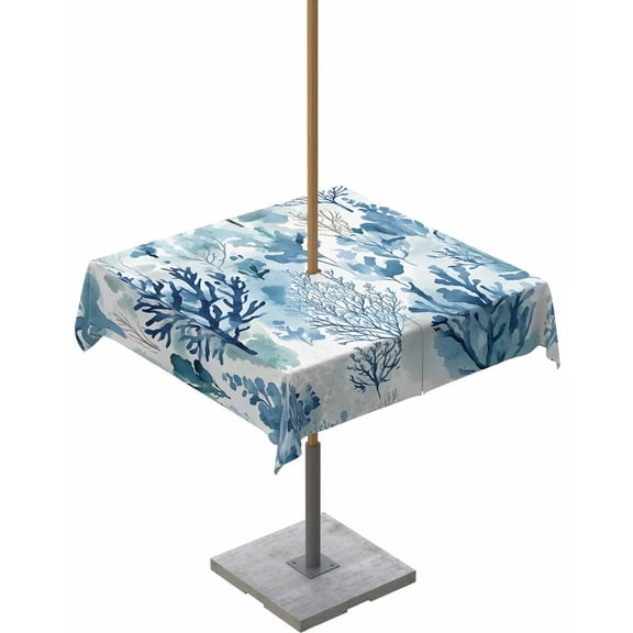 Hokiten Outdoor Tablecloths with Umbrella Hole & Zipper, Blue Botanical 60x60 Inch Square Tablecloths, Impressionist Style Watercolor Elegant Waterproof Table Cloth, Patio/Pool/Picnic Table Covers