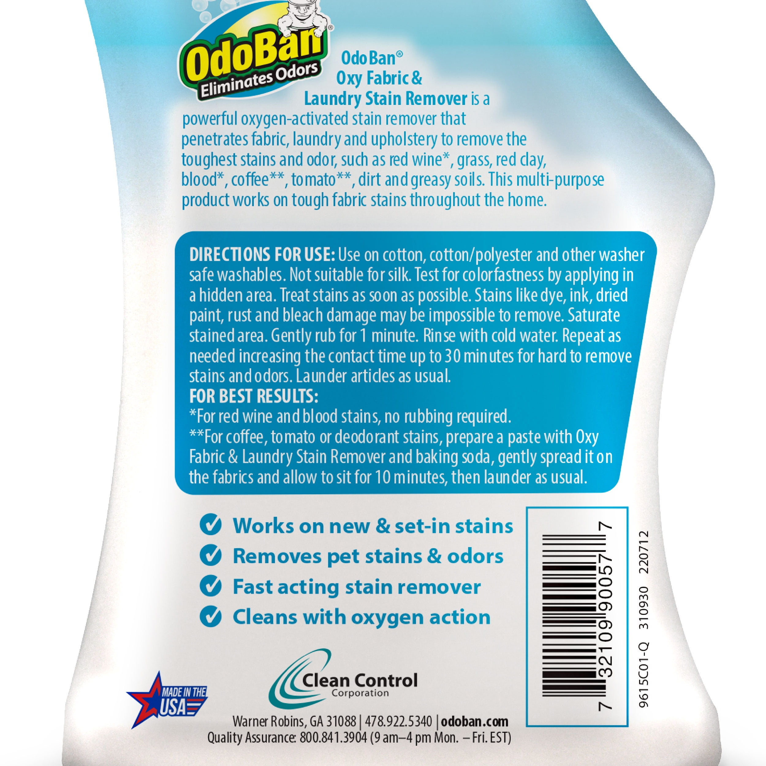 OdoBan Ready-to-Use Oxy Fabric and Laundry Stain Remover, Triple Action Stain Eliminator, 6-Pack, 32 Ounce Spray Each