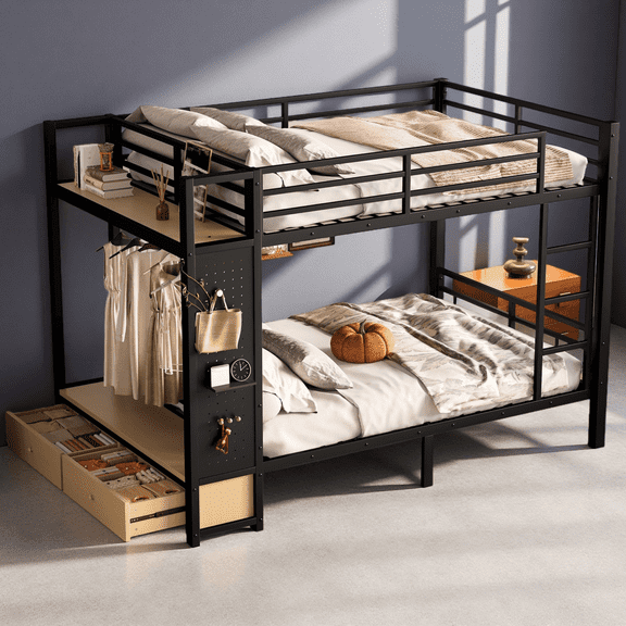 Queen over Queen Bunk Bed with Storage, Metal Bunk Bed with Drawers, Shelves & Pegboard for Teens Adults, Black