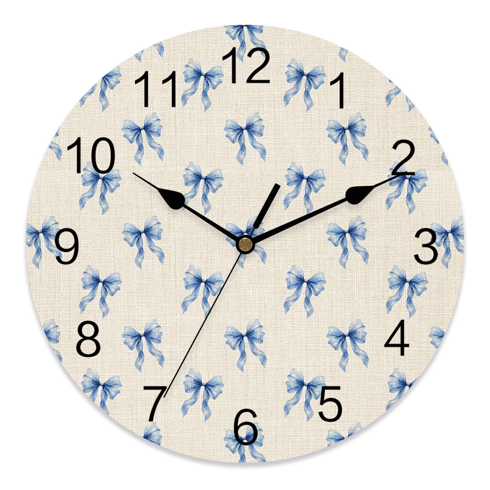 12 Inch Blue Ribbon Bows Wall Clock, Vintage Blue Bows French Country Linen Texture Battery Operated Silent Non Ticking Clocks, Easy to Read Round Wall Clock for Kitchen/Living Room/Bedroom/Bathroom