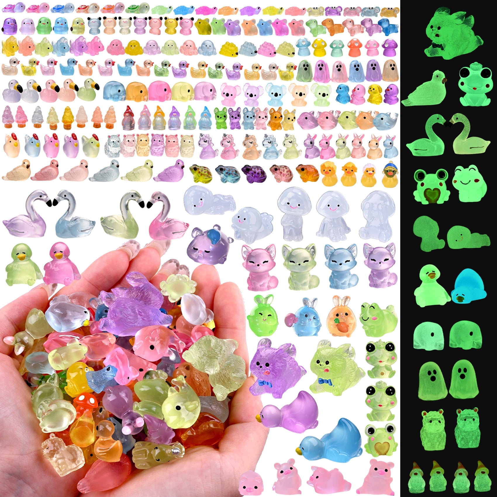 200PCS Glow in The Dark Mini Resin Animals Bulk Variety Pack - 36 Styles Tiny Miniature Figures for Fairy Garden, Dollhouse, Aquarium Decor, Hide and Seek, Crafts, Christmas Gift