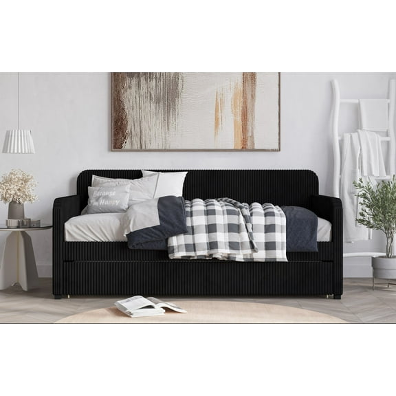 Home Design Melissa Twin Daybed with Upholstered Frame and Pull-Out Trundle, Vertical Tufting, Stylish Sleeping and Seating Solution, Black