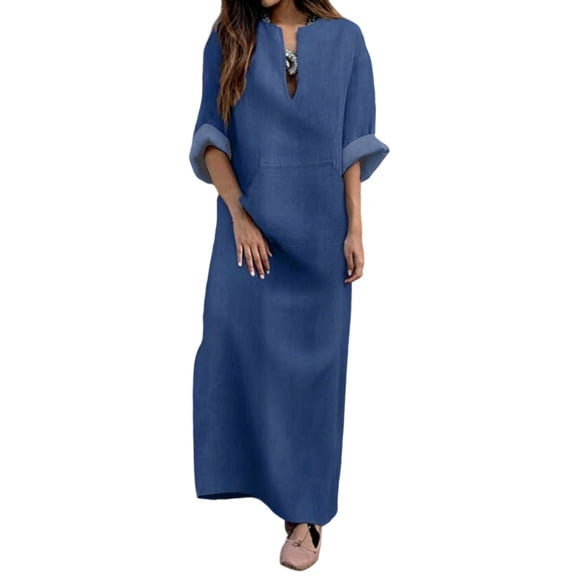 Guluxicc Denim Maxi Dress for Women Split Neck Rolled 3/4 Sleeve Pockets Loose Casual Summer Dress
