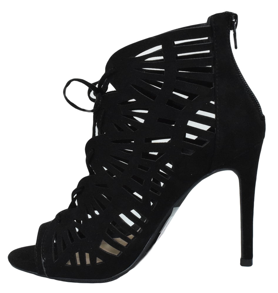 Wild Diva Women Stiletto Heels Open Toe Cutout Pumps Lace Zipper Black BERLIN101