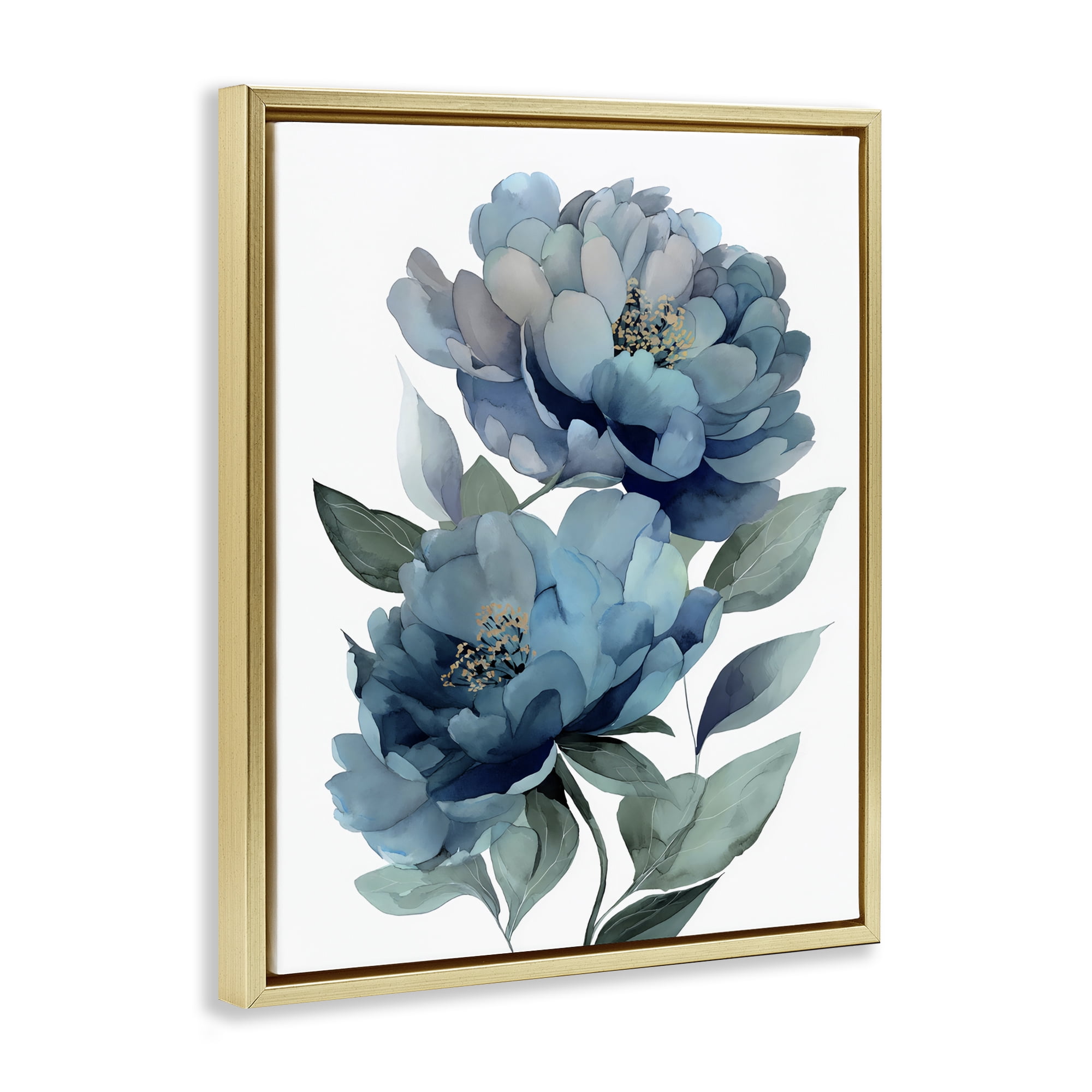 Stupell Industries Two Blue Flowers Serene Peonies Gold Framed Floater Canvas Wall Art, design by Franklyn Gregory