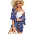 thumbnail image 2 of SUCS Women's Floral Print Puff Sleeve Kimono Cardigan Loose Cover Up Casual Blouse Tops, 2 of 7