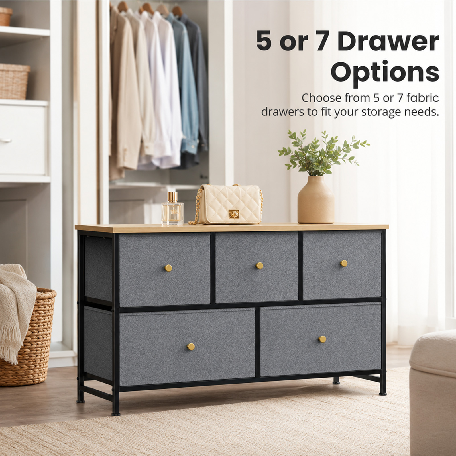 Alvantor 5/7 Drawer Fabric Dresser, Storage Tower for Bedroom and Closet, Chest of Drawers with Sturdy Steel Frame & Wooden Top for Living Room, Entryway