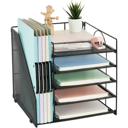Desk Organizer with 5 Trays and File Holder - Mesh Organizers for Home Office - Black