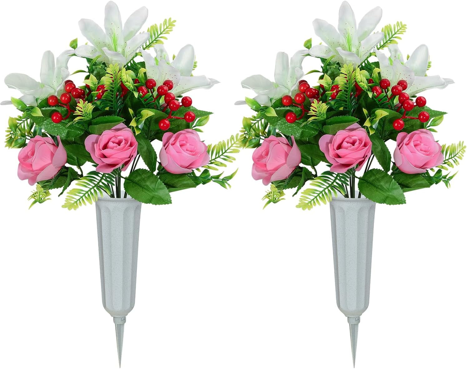 Artificial Cemetery Flowers for Grave, Set of 2 Artificial Memorial Flowers with Vase for Outdoor Cemetery Headstones Graveyard Gravestone Decoration (Red Lily&White Purple Peony)