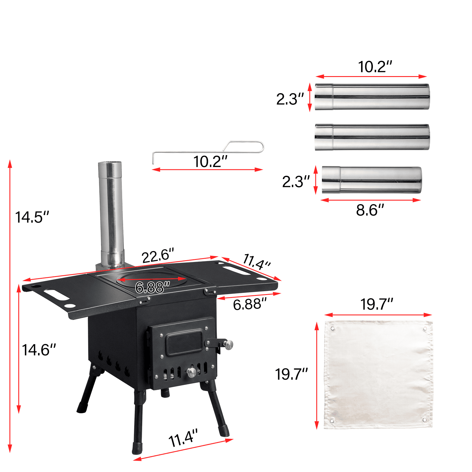 Portable Wood Burning Camping Stove - Collapsible Tent Stove with Chimney Pipes, Fire Blanket & Gloves - 50,000 BTU Heater/Cooker for Tents, Hunting, Ice Fishing - Black Steel (22.6" x 12.2" x 14.6")
