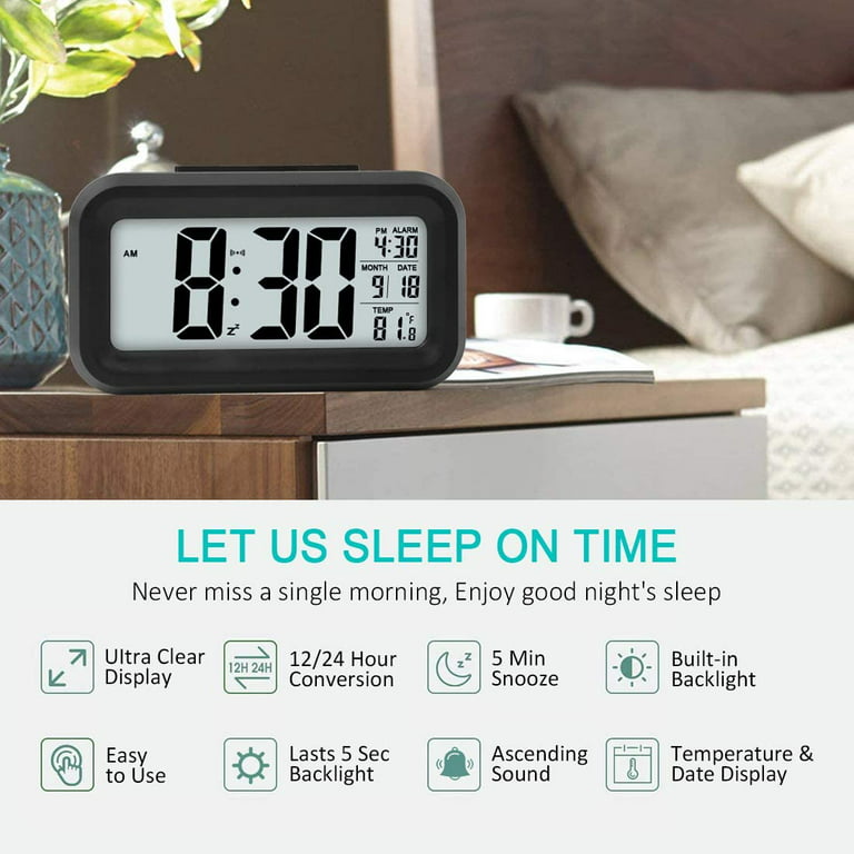 Alarm Clock for Bedrooms, Smart Night Light, Battery Operated Small Easy Desk Bedside Gifts Clock Black