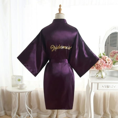 

YIWEI Bridal Morning Gown Ladies Wedding Makeup Bridesmaid Kimono Satin Bathrobes Purple Bride