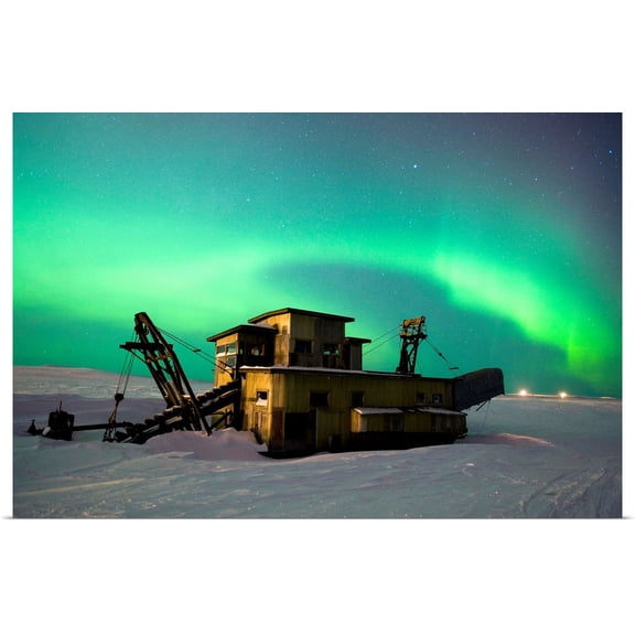 Great BIG Canvas | Rolled Daryl Pederson Poster Print entitled Green Northern Lights Dance Over A Historical Gold Dredge Near Nome, Alaska
