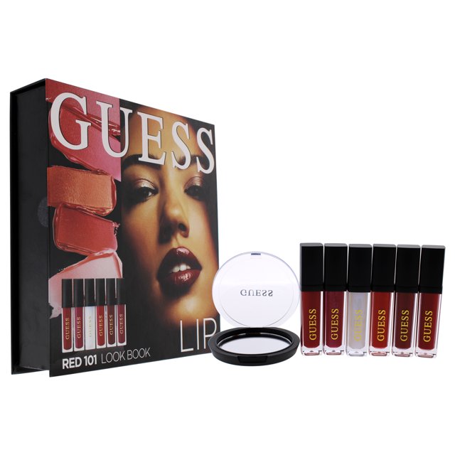 3 x 0.14oz brillo de labios, 3 x 0.14oz lápiz labial líquido mate guess guess beauty lip lookbook - 101 red dama 6pc kit caja de edición limitada con seis tonos rojos y gloss, estuche con imagen de rostro, compacto espejo blanco y seis tubos alineados con tapa negra y logo GUESS; contiene ingredientes hidratantes multifuncionales y a menudo se usa como muestra de color en sesiones de maquillaje profesional.