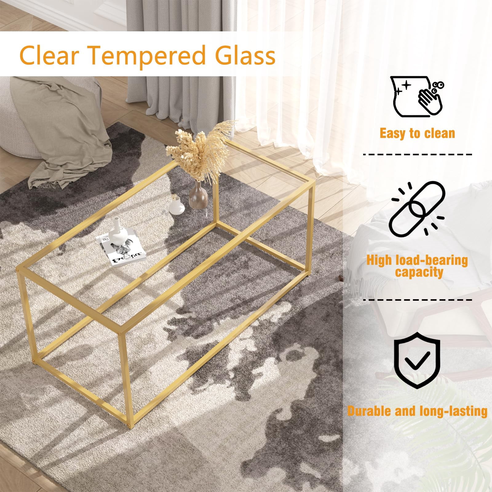 Tempered Glass Coffee Table - Minimalist Center Table for Living Room, Office - Modern Top With Sturdy Metal Frame & Open Storage - Easy Assembly, Gold
