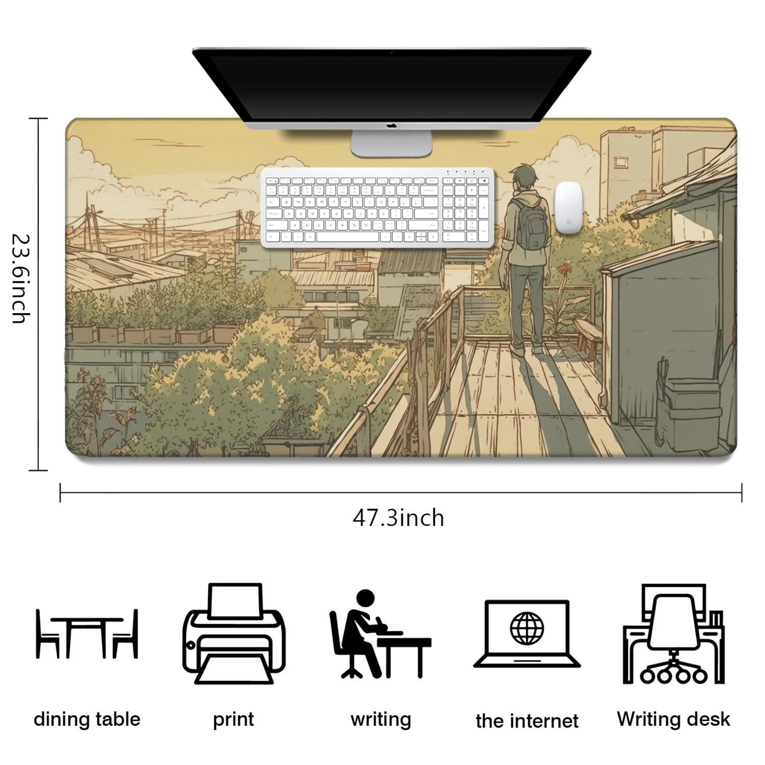 Anime Roof Aesthetic Anime Kawaii Gaming Mouse Mat, Rectangle 3XL Extra Large Mouse Pad 47.3 X 23.6 Inches Non-Slip Rubber Gaming Mouse Pad with Stitched EdgesOffice Mouse Pad for Women Men Kids