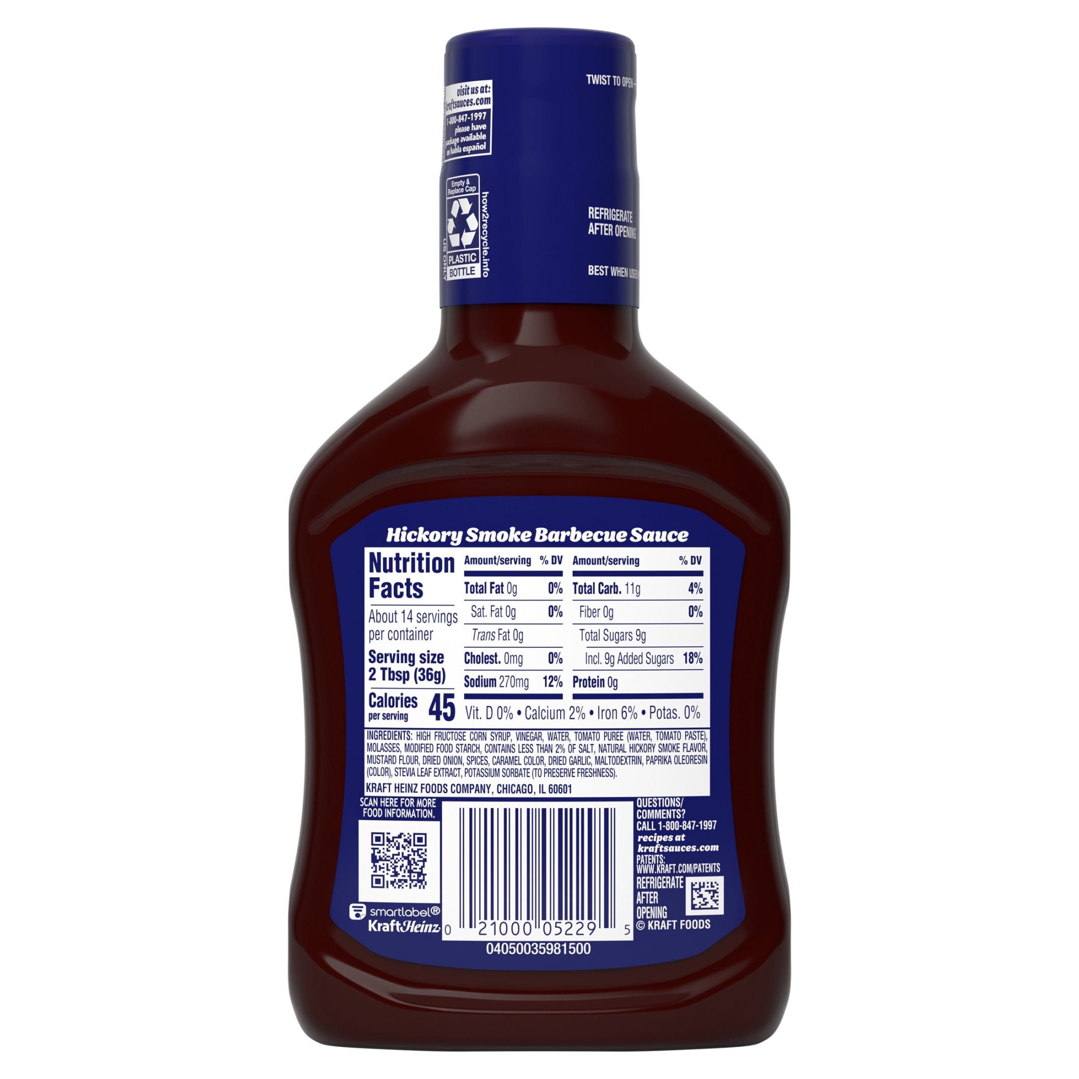 Kraft Hickory Smoke Slow-Simmered Barbecue BBQ Sauce, 17.5 oz Bottle